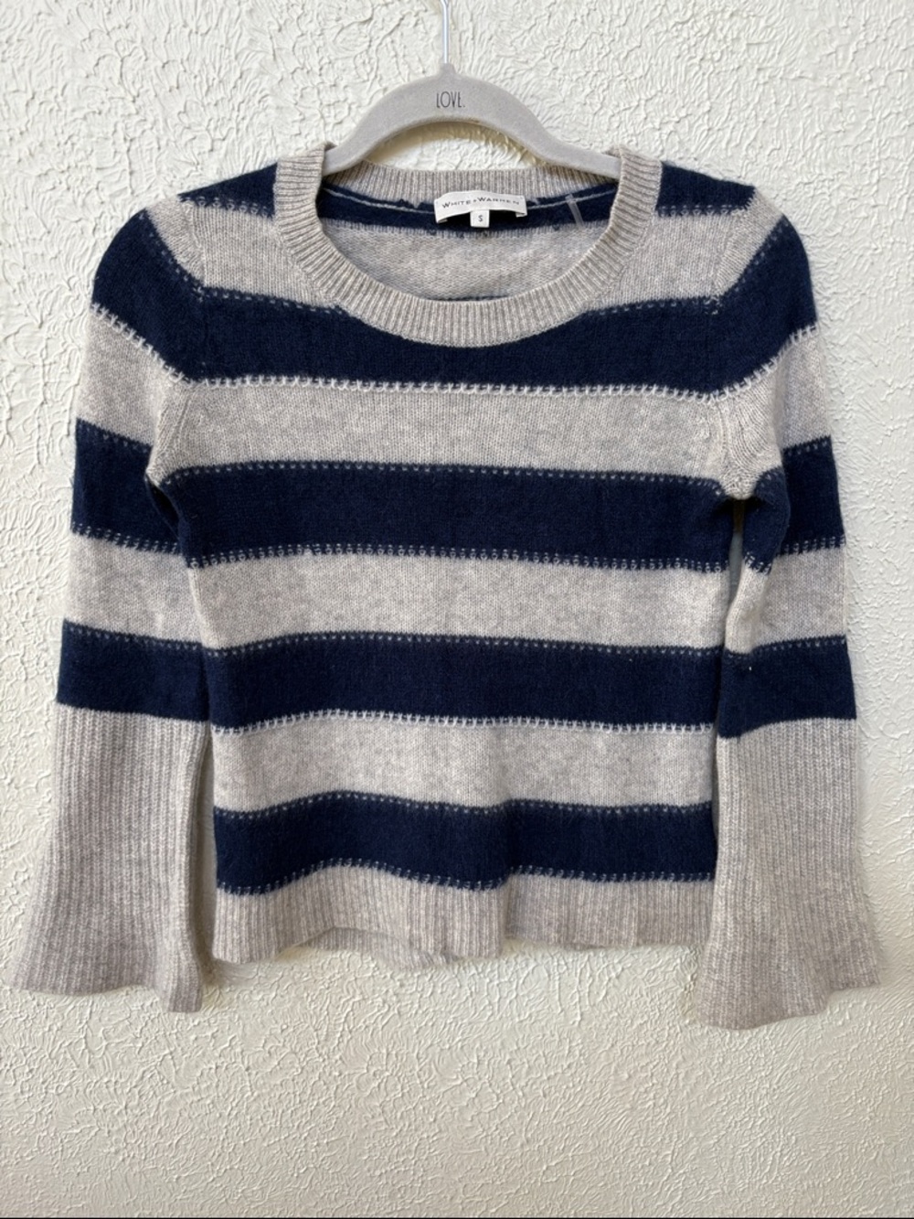 WHITE + WARREN Striped Cashmere Sweater with Bell Sleeves